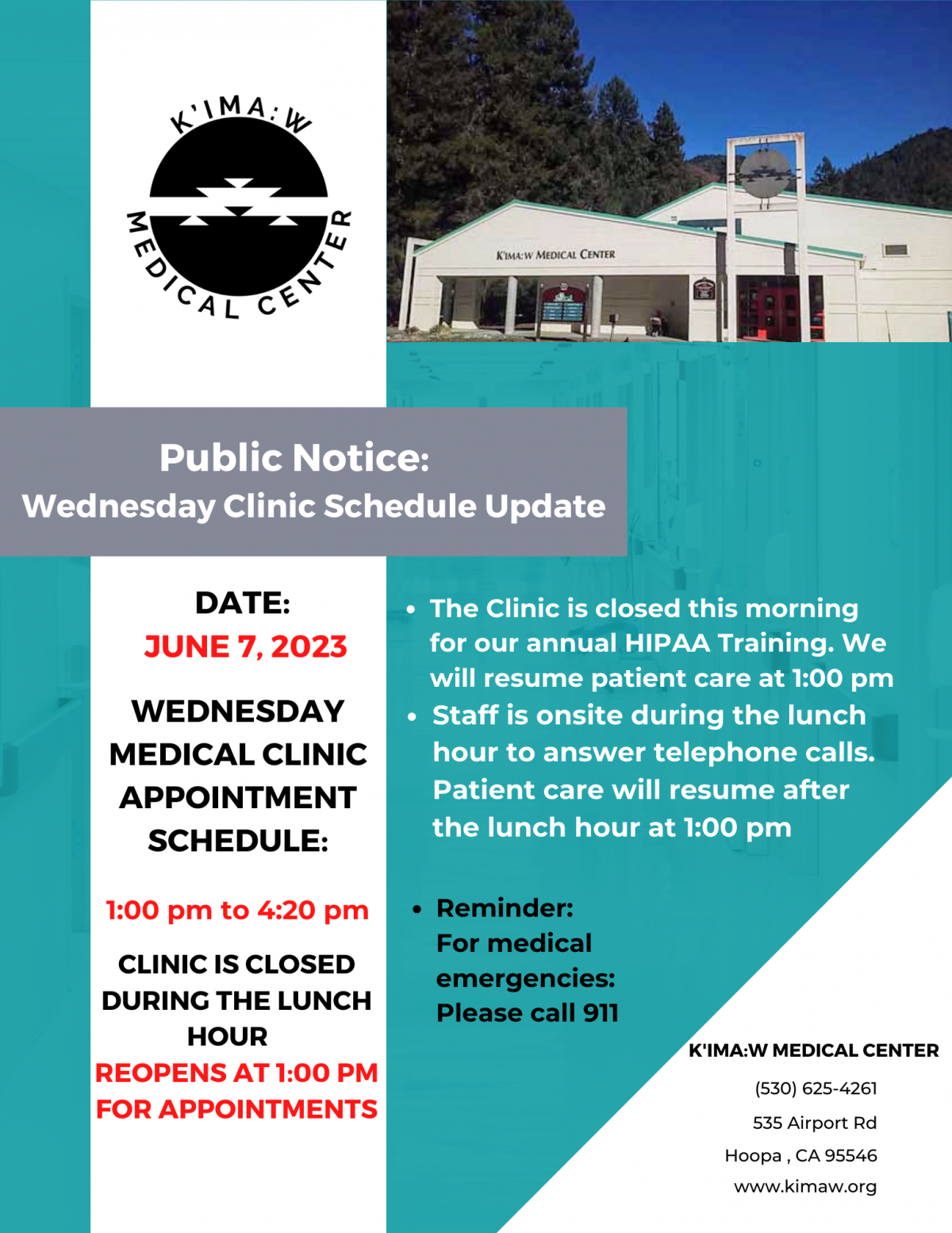 KMC Wednesday Clinic Schedule Update for June 7, 2023